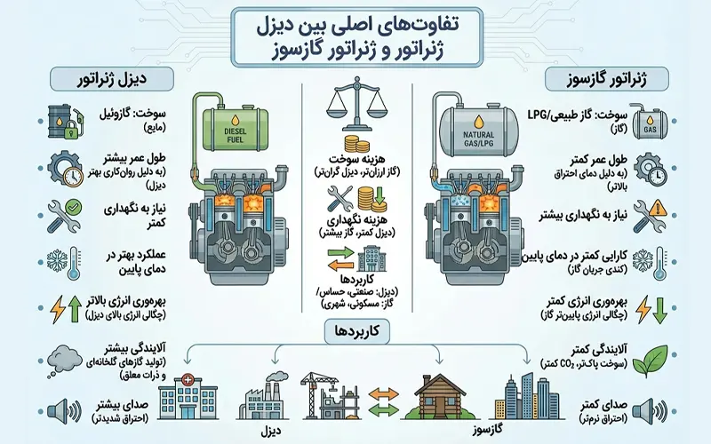 تفاوت‌های اصلی بین دیزل ژنراتور و ژنراتور گازسوز